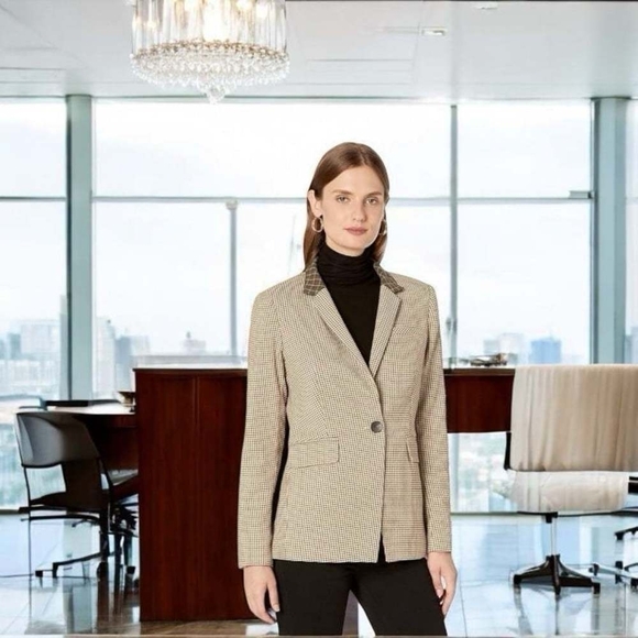 Women Blazer Vince Camuto One-Button Turned Collar Blazer Tan Brown Plaid Jacket - Picture 1 of 7